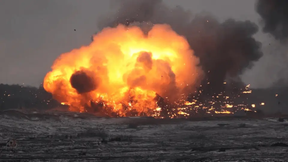 A fireball rises from an explosion during joint exercises between Russia and Belarus at a firing range in the Brest Region Belarus on Thursday 1 1